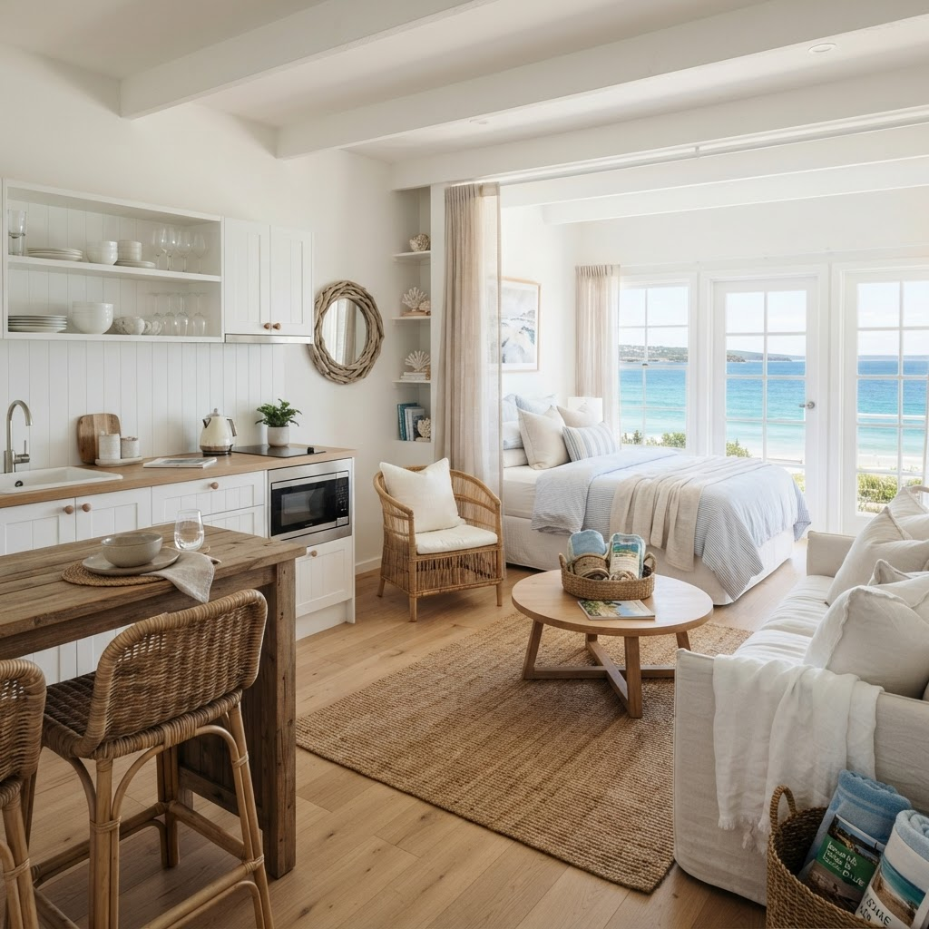 Light-filled self-catering suite interior with kitchenette and coastal decor