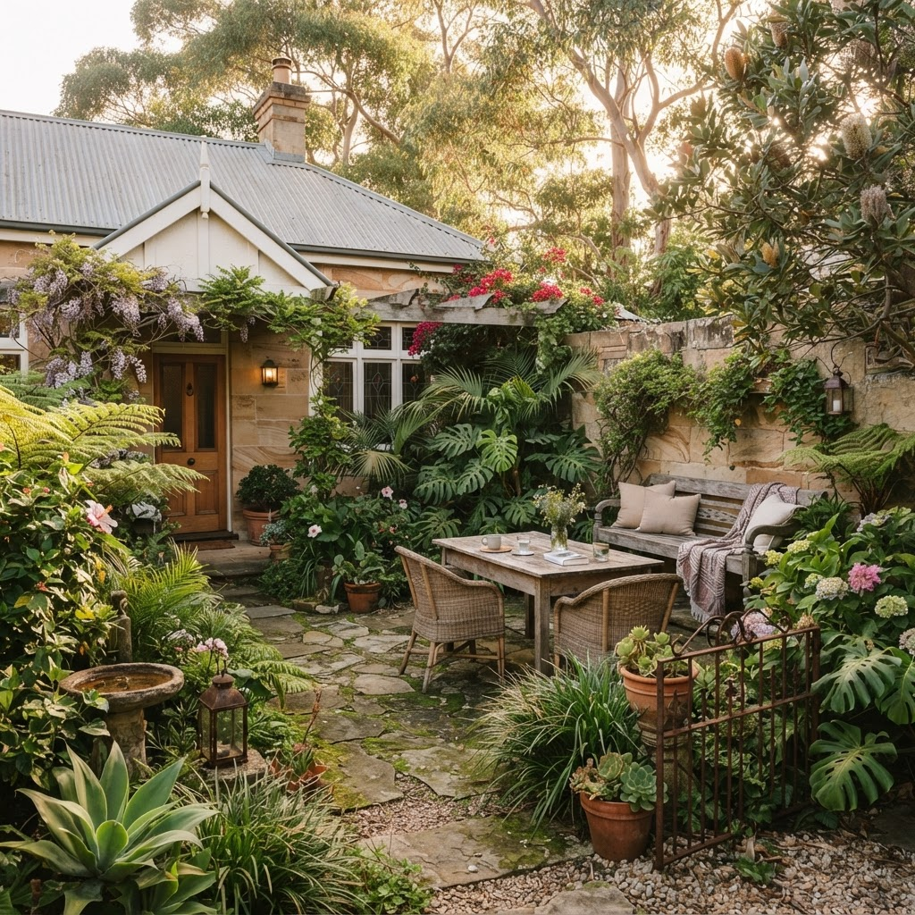 Courtyard garden area with lush plants and outdoor seating for the Courtyard Suite