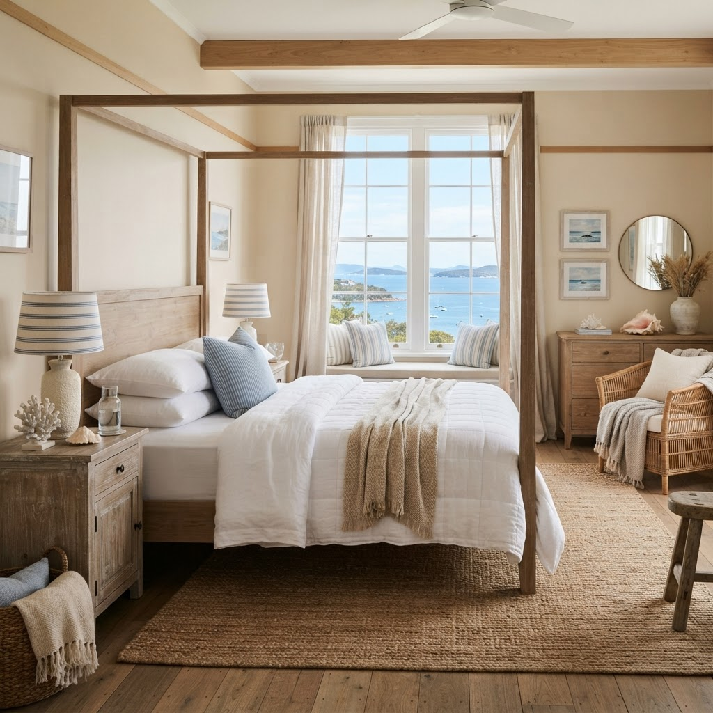 Bright upstairs suite bedroom with white bedding and coastal decor